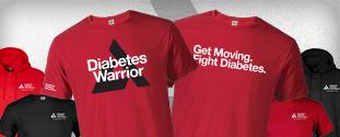 Collection of red and black American Diabetes Association branded clothing with Diabetes Warrior and Get Moving. Fight Diabetes. printed on them