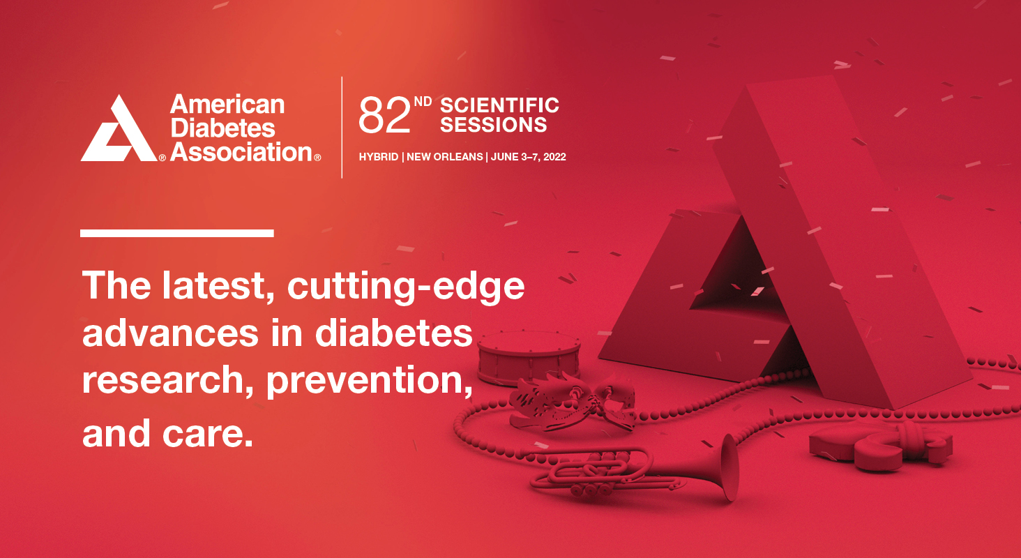 ADA 82nd Scientific sessions hybrid new orleans june 3-7, 2022 copy says The latest, cutting-edge advances in diabetes, research, prevention, and care. over red background with 3d ADA logo and new orleans mardi gras instruments on red background