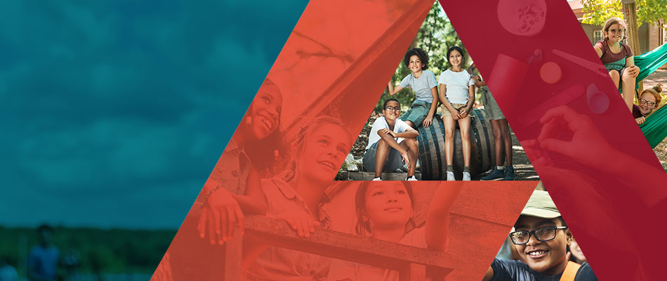 Collage of children at diabetes camp set behind orange and red American Diabetes Association corporate logo